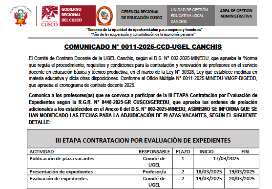 COMUNICADO N° 0011-2025-CCD-UGEL CANCHIS